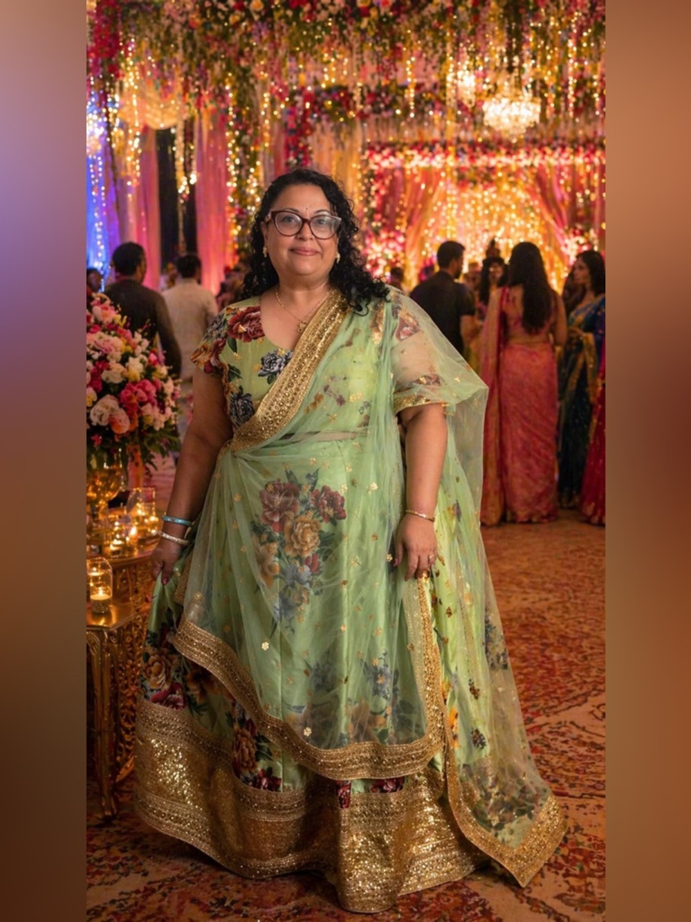 Lehenga Green Floral top, skirt & shawl embroidered with Gold Accents size 3X